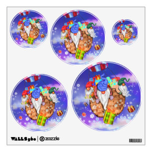 Christmas Gnomes Flying A Balloon and Gives Gifts Wall Decal