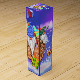 Christmas Gnomes Flying A Balloon and Gives Gifts  Wine Box