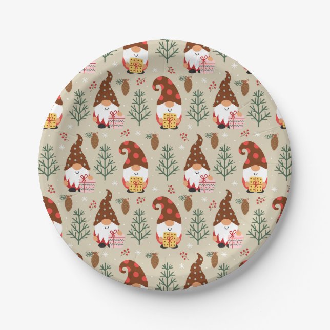 Christmas Gnomes Gift Pattern Paper Plates (Front)