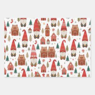 Christmas Gnomes & Gingerbread Nordic Village Wrapping Paper Sheets