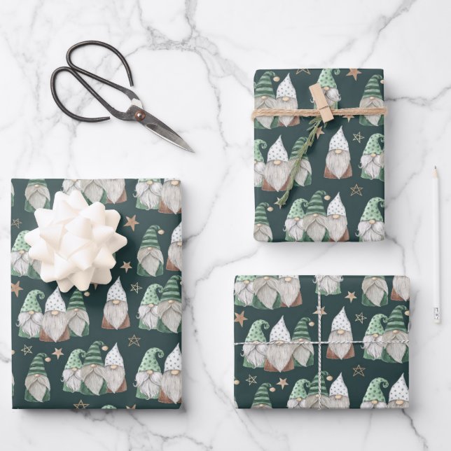Christmas Gnomes Green Gold Scandinavian Trendy  Wrapping Paper Sheets (Front)