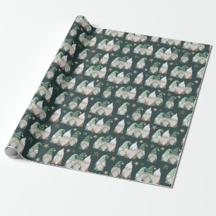 Christmas Gnomes Green Gold Trendy Scandinavian Wrapping Paper