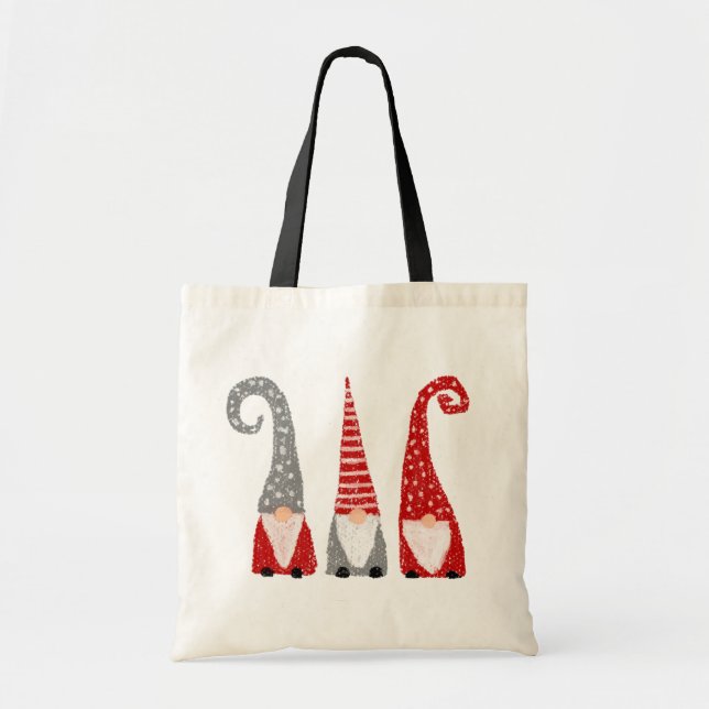 Christmas Gnomes Hand Drawn Red White Gray Tote Bag (Front)