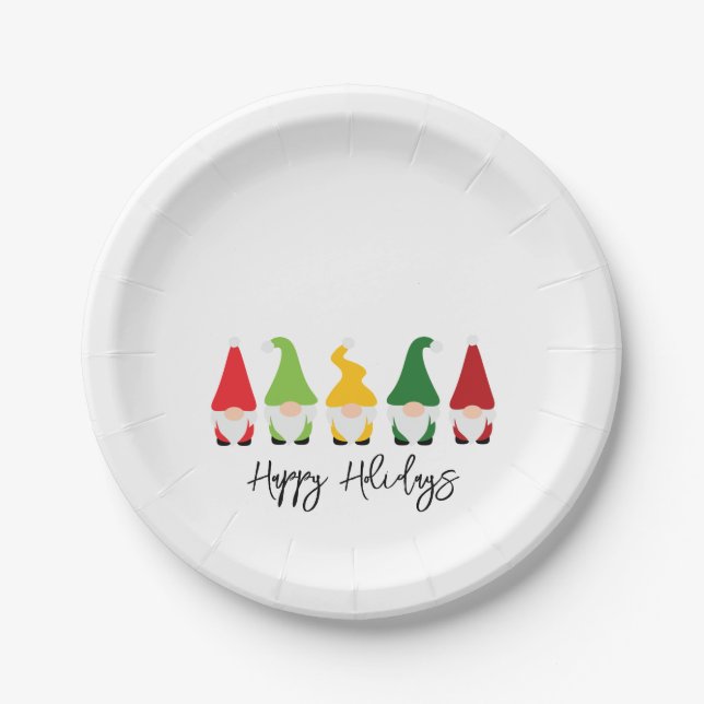Christmas Gnomes Happy Holidays Festive Holiday Paper Plates (Front)