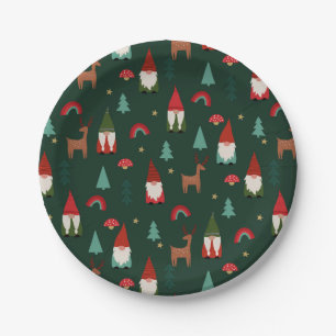 Christmas Gnomes Holiday dark green Paper Plates