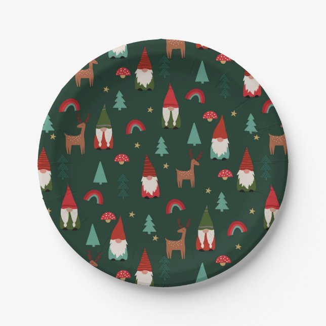 Christmas Gnomes Holiday dark green Paper Plates (Front)
