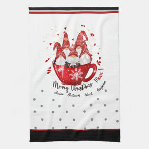 Christmas gnomes in coffee cup red custom names kitchen towel