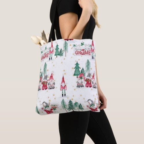 Christmas Gnomes in Forest Snowflakes Watercolor Tote Bag