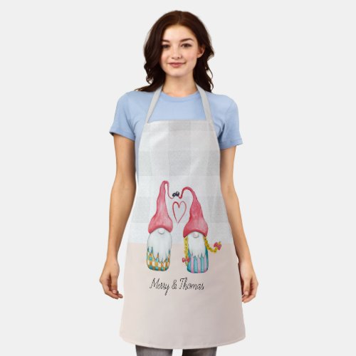 Christmas Gnomes In Love Watercolor Hand_painted Apron