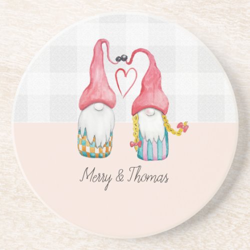 Christmas Gnomes In Love Watercolor Hand_painted Coaster