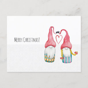 Christmas Gnomes In Love Watercolor Hand-painted Holiday Postcard