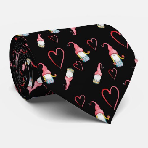 Christmas Gnomes In Love Watercolor Hand_painted Neck Tie