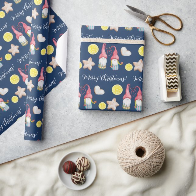 Christmas Gnomes In Love Watercolor Hand-painted Wrapping Paper (Crafts)