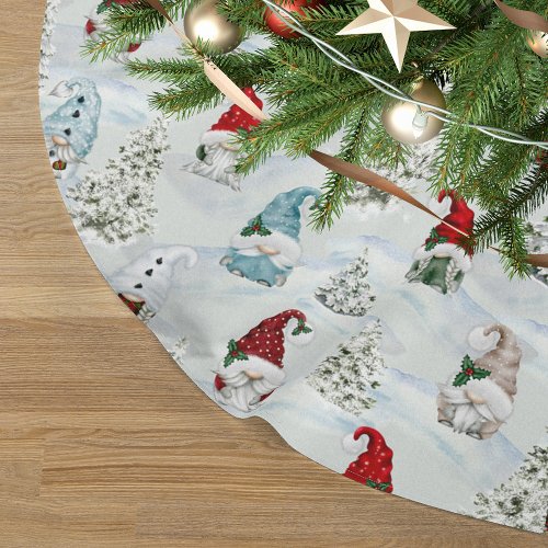 Christmas Gnomes in Snow Watercolor Holiday Brushed Polyester Tree Skirt