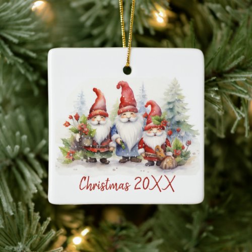 Christmas Gnomes In Snowflakes Ceramic Ornament