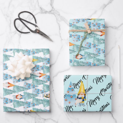 Christmas Gnomes in snowy forest Wrapping Paper Sheets