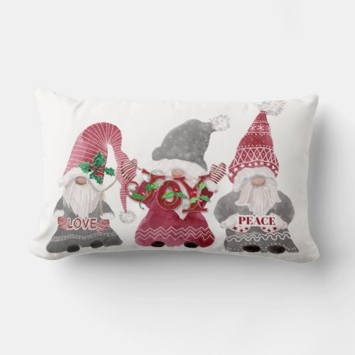 Christmas Gnomes Love Joy Peace Typography Lumbar Pillow