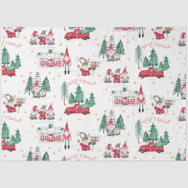 Christmas Gnomes Merry Bright Red Truck Decoupage Tissue Paper (Front)
