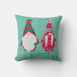Christmas Gnomes, Mr & Mrs Claus Watercolor Wreath Throw Pillow