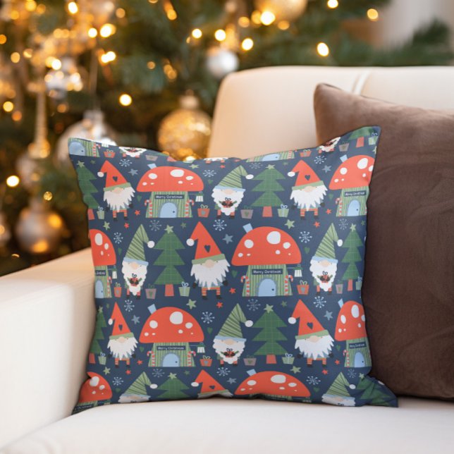 Christmas Gnomes Mushroom Houses Holiday Throw Pillow (Christmas gnomes pillow)