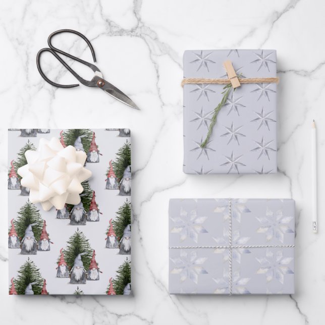 Christmas Gnomes Nordic Blue Snowflakes Stars Wrapping Paper Sheets (Front)