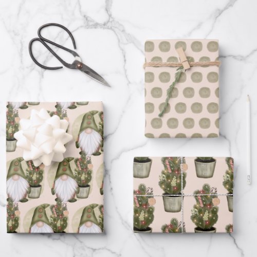 Christmas Gnomes Nordic Scandinavian Green Tan  Wrapping Paper Sheets