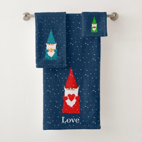 Christmas Gnomes on Blue Bath Towel Set