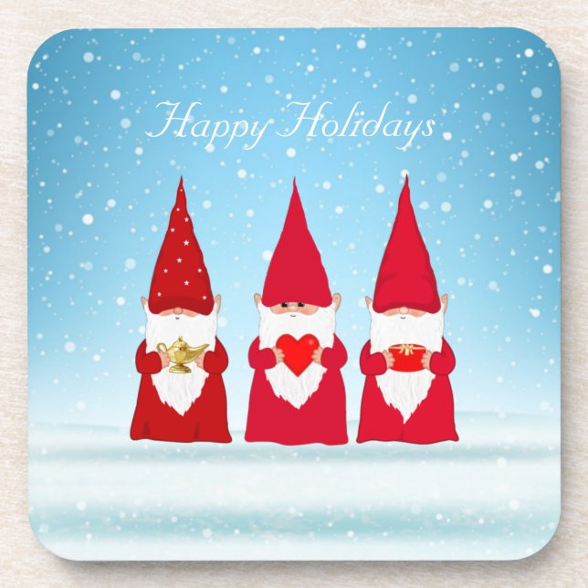 Christmas Gnomes on Light Blue Beverage Coaster (Front)