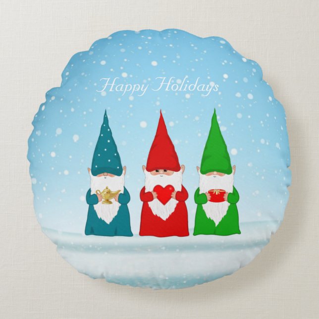 Christmas Gnomes on Light Blue Round Pillow (Front)