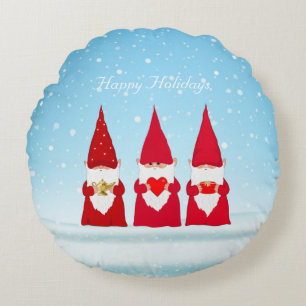 Christmas Gnomes on Light Blue Round Pillow