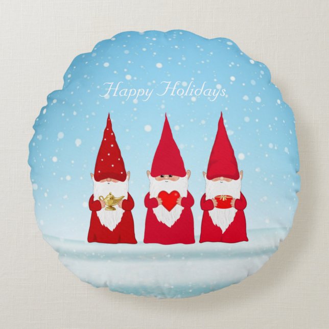 Christmas Gnomes on Light Blue Round Pillow (Front)