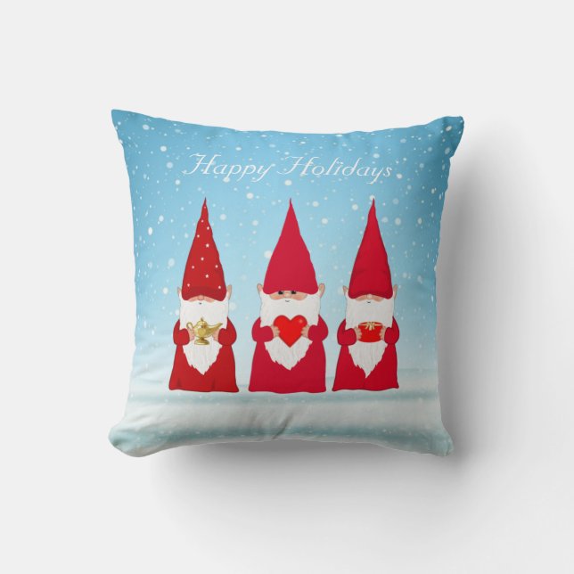 Christmas Gnomes on Light Blue Throw Pillow (Front)