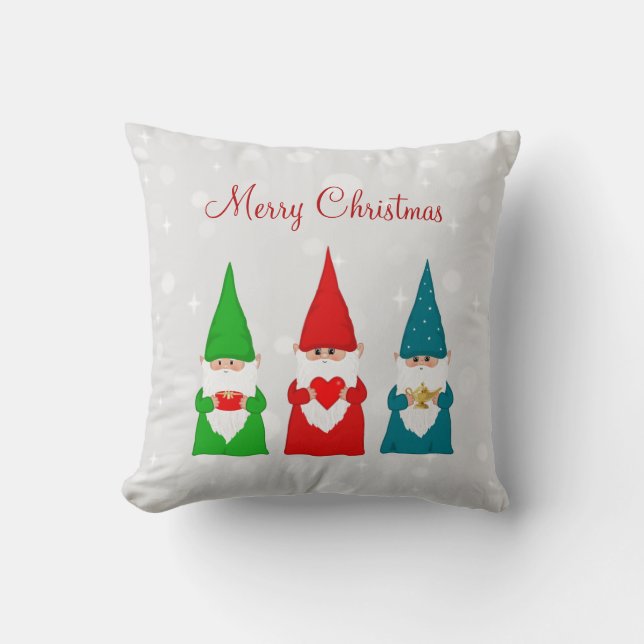 Christmas gnomes on light silver gray throw pillow (Front)