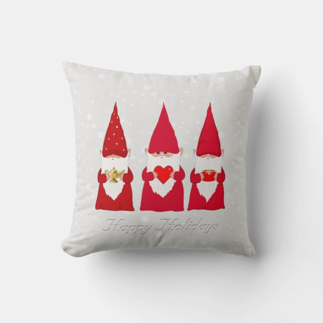 Christmas Gnomes on Light Silver Gray Throw Pillow (Front)