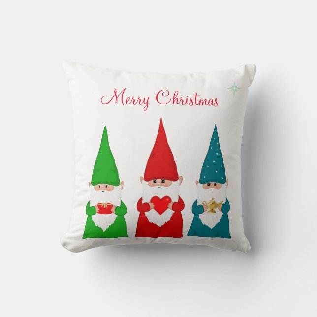 Christmas gnomes on white throw pillow (Front)