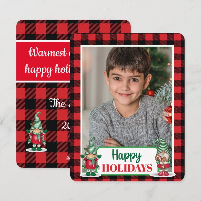 Christmas gnomes plaid (add your photo) holiday ca (Front/Back)