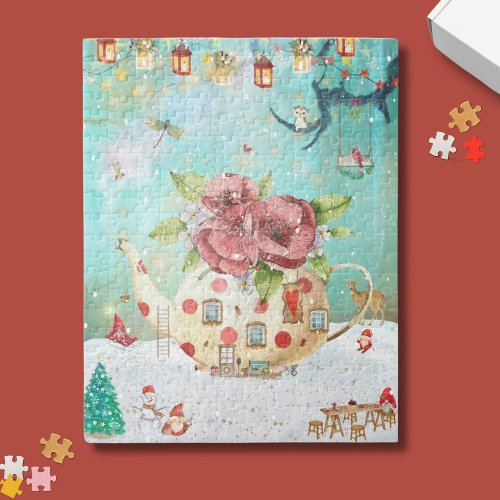 Christmas Gnomes Playing Around Teapot House  Jigsaw Puzzle