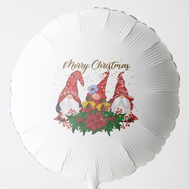 Christmas Gnomes Poinsettia Whimsical Woodland Balloon (Front)
