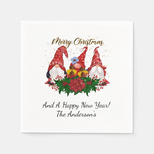 Christmas Gnomes Poinsettia Whimsical Woodland  Napkins (Front)