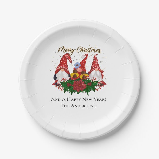 Christmas Gnomes Poinsettia Whimsical Woodland  Paper Plates (Front)