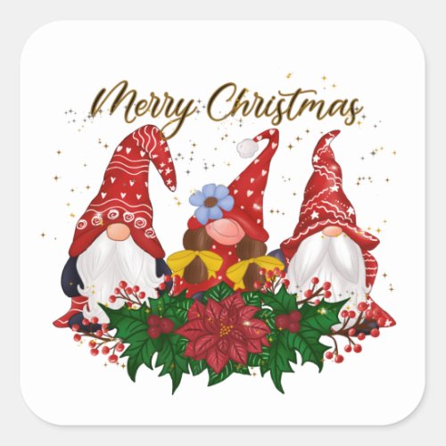 Christmas Gnomes Poinsettia Whimsical Woodland Square Sticker