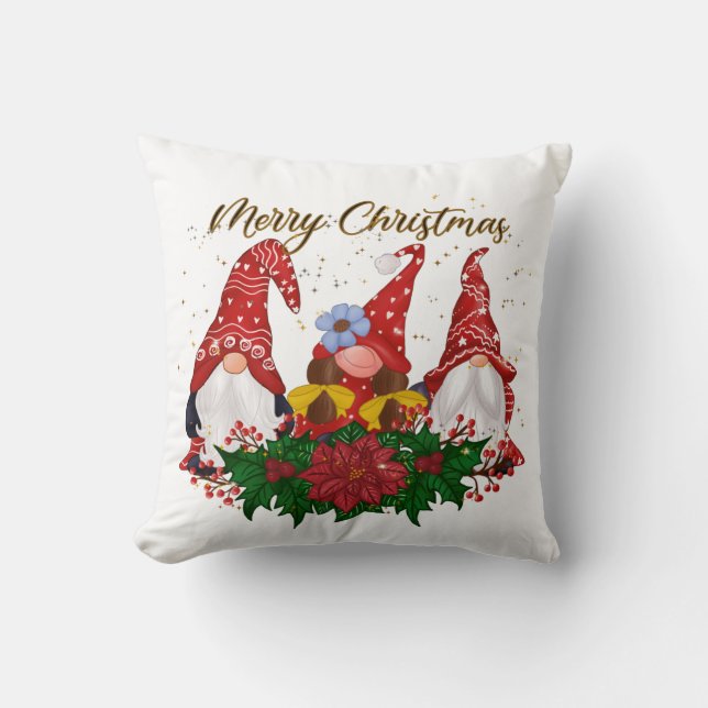 Christmas Gnomes Poinsettia Whimsical Woodland Throw Pillow (Front)