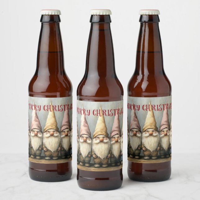  Christmas Gnomes Pointed Hats Long Beard Beer Bottle Label (Bottles)