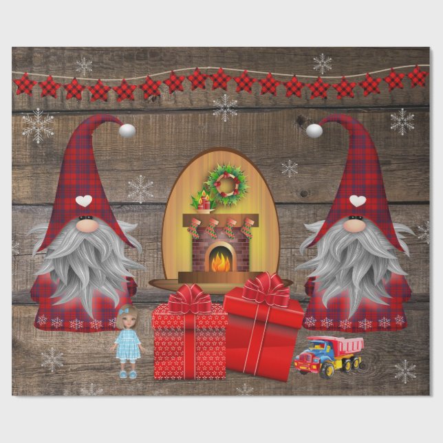 Christmas Gnomes Presents Rustic Wood Wrapping Pap Paper (Flat)