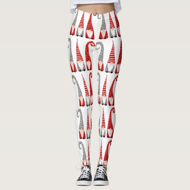 Christmas Gnomes Red Gray Holiday Pattern Leggings (Front)