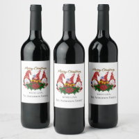 Christmas Gnomes Red Green Festive Trendy  Wine Label