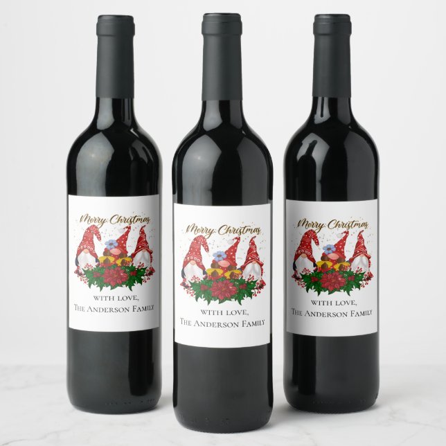 Christmas Gnomes Red Green Festive Trendy  Wine Label (Bottles)