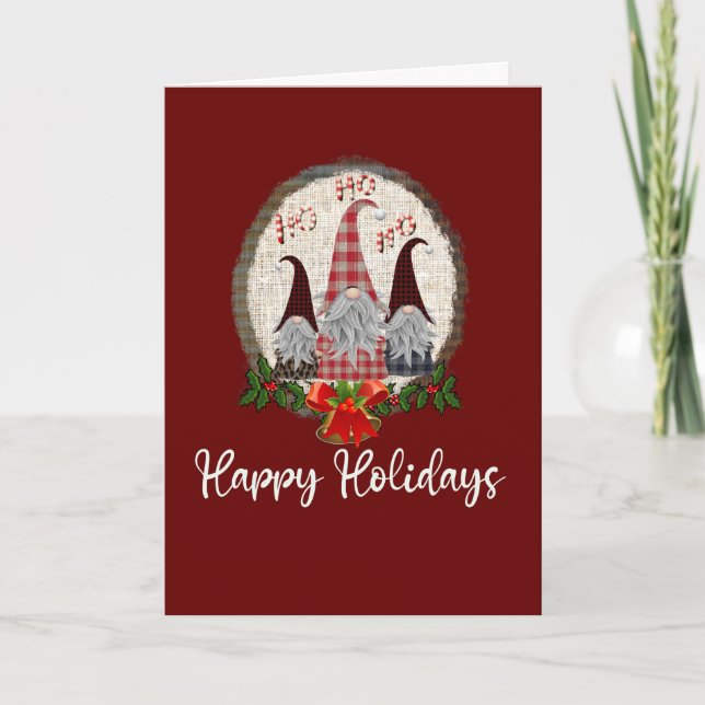 Christmas Gnomes Red Happy Holidays Rustic, Plaid  Card (Front)