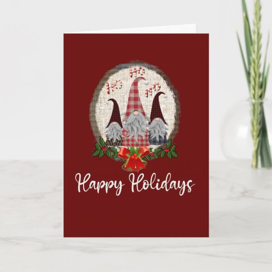 Christmas Gnomes Red Happy Holidays Rustic, Plaid  Card