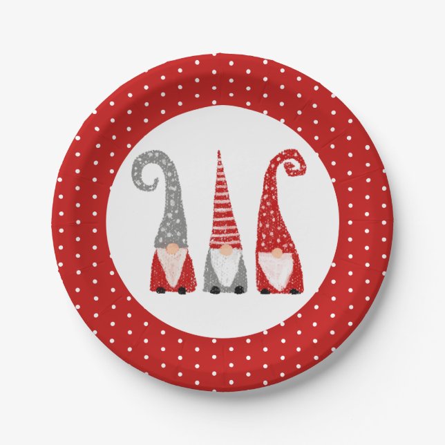 Christmas Gnomes Red Polka Dot Festive Paper Plates (Front)